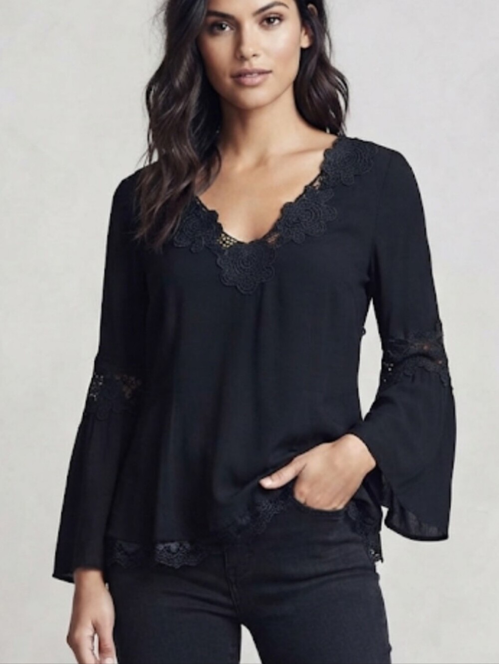 Free People Black Lace-Trim V-Neck Blouse